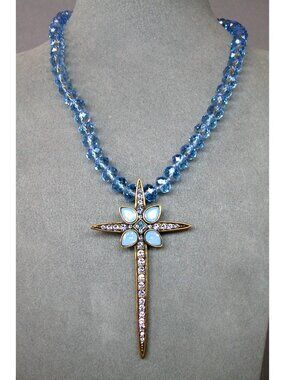 Heidi Daus Vintage Blue Beaded & Crystal Cross Pendant Necklace.